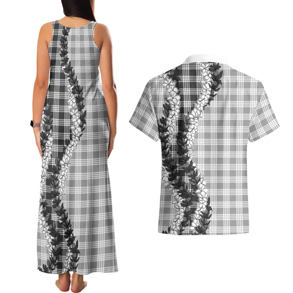 Gray Hawaii Palaka Couples Matching Tank Maxi Dress and Hawaiian Shirt Hawaiian Honohono Lei