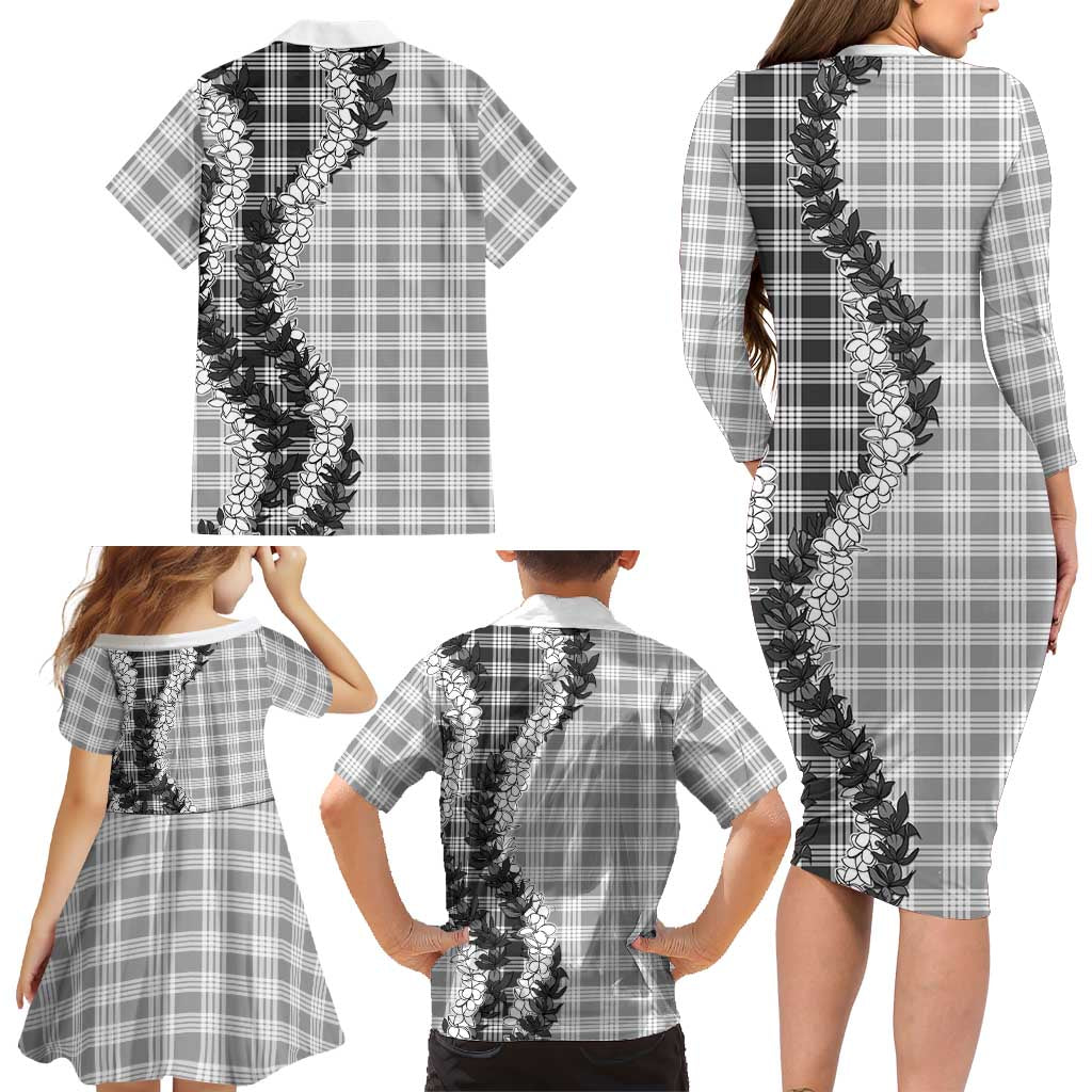 Gray Hawaii Palaka Family Matching Long Sleeve Bodycon Dress and Hawaiian Shirt Hawaiian Honohono Lei