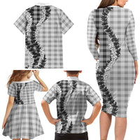 Gray Hawaii Palaka Family Matching Long Sleeve Bodycon Dress and Hawaiian Shirt Hawaiian Honohono Lei