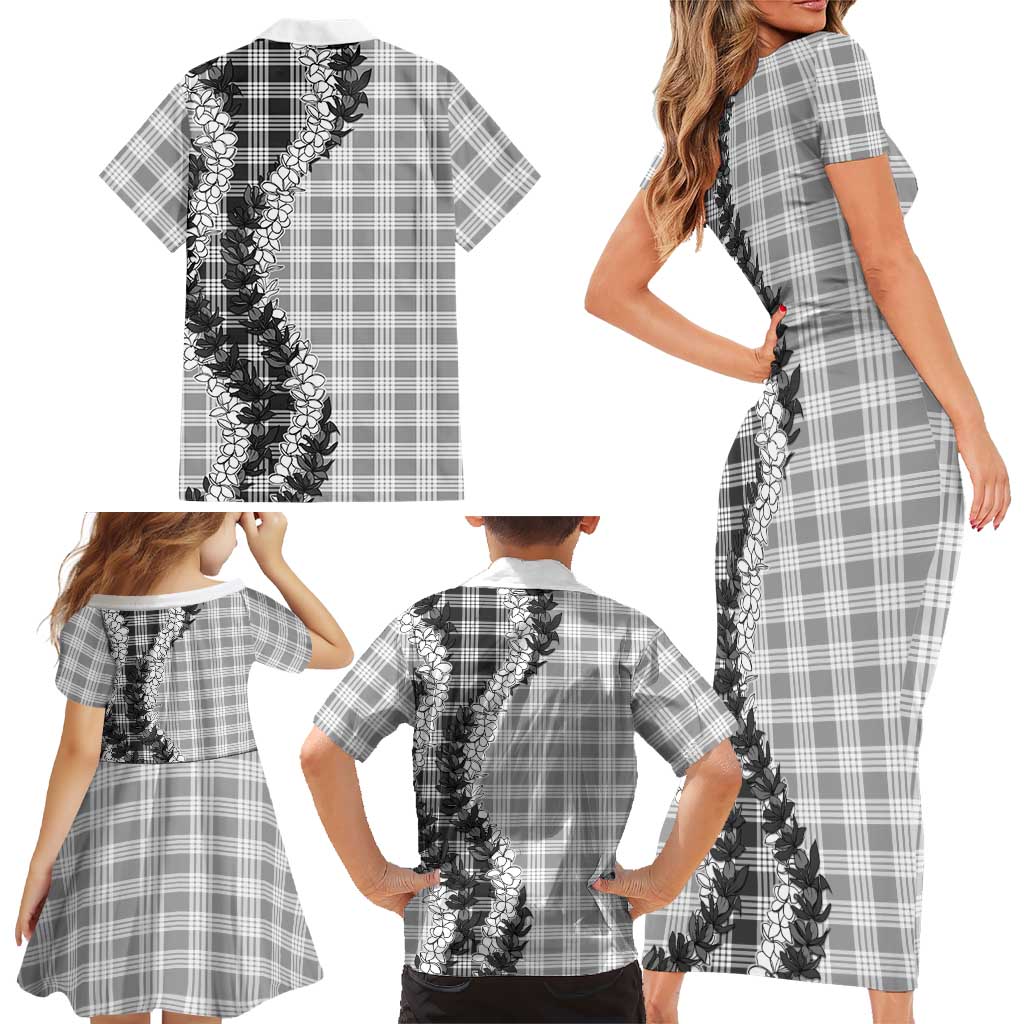 Gray Hawaii Palaka Family Matching Short Sleeve Bodycon Dress and Hawaiian Shirt Hawaiian Honohono Lei