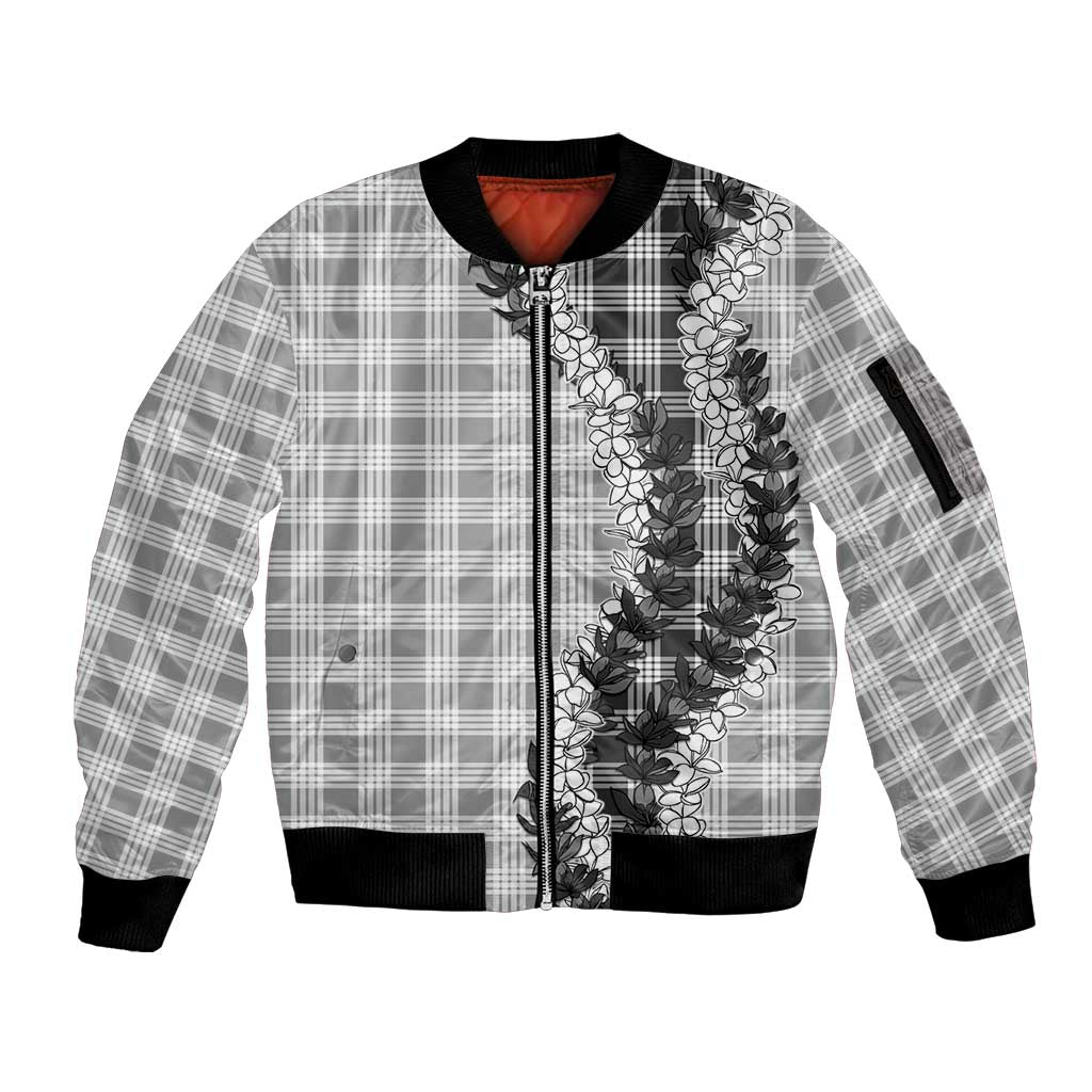 Gray Hawaii Palaka Sleeve Zip Bomber Jacket Hawaiian Honohono Lei