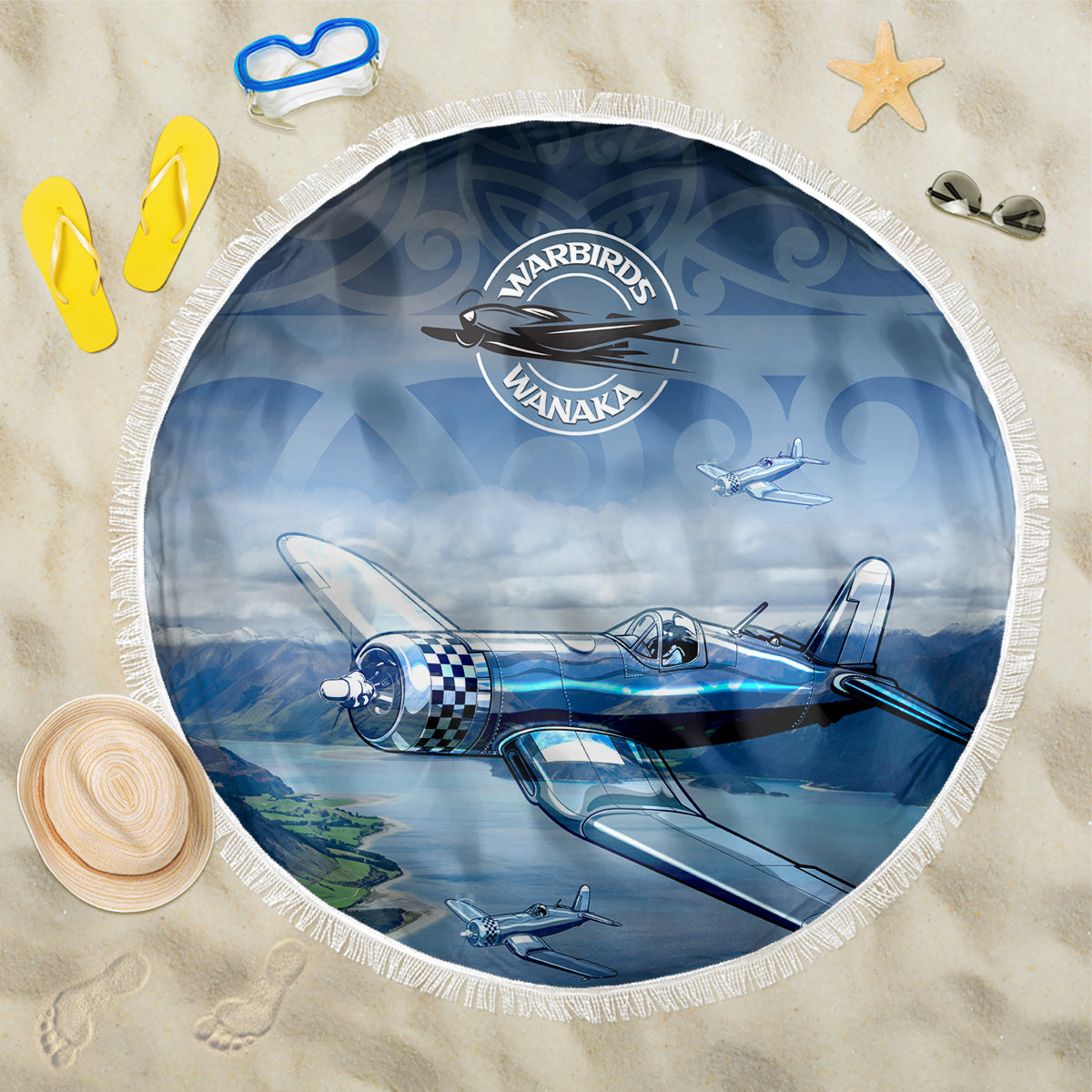 New Zealand Wanaka Air Show Beach Blanket With Maori Pattern LT05 One Size 150cm Blue - Polynesian Pride
