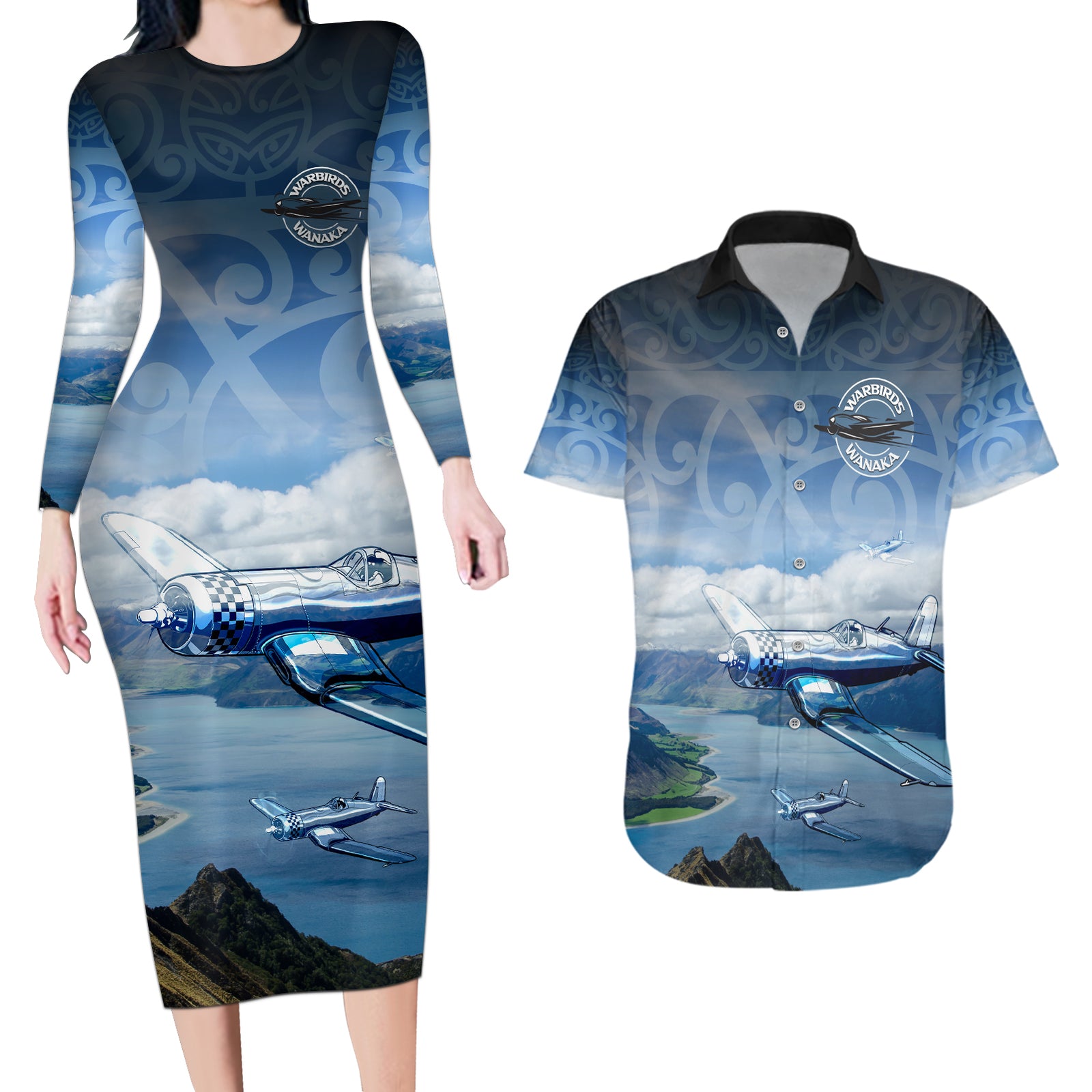 New Zealand Wanaka Air Show Couples Matching Long Sleeve Bodycon Dress and Hawaiian Shirt With Maori Pattern LT05 Blue - Polynesian Pride