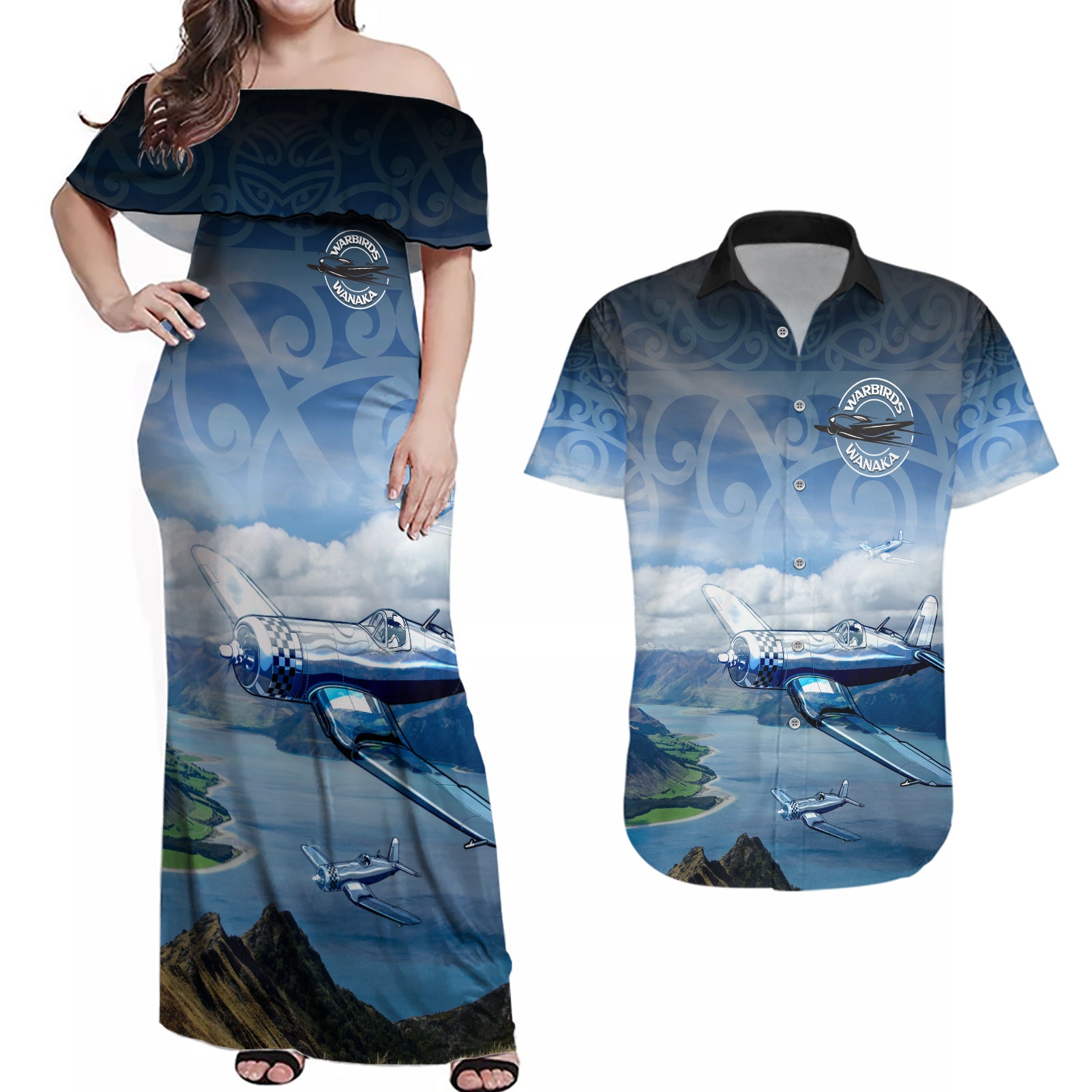 New Zealand Wanaka Air Show Couples Matching Off Shoulder Maxi Dress and Hawaiian Shirt With Maori Pattern