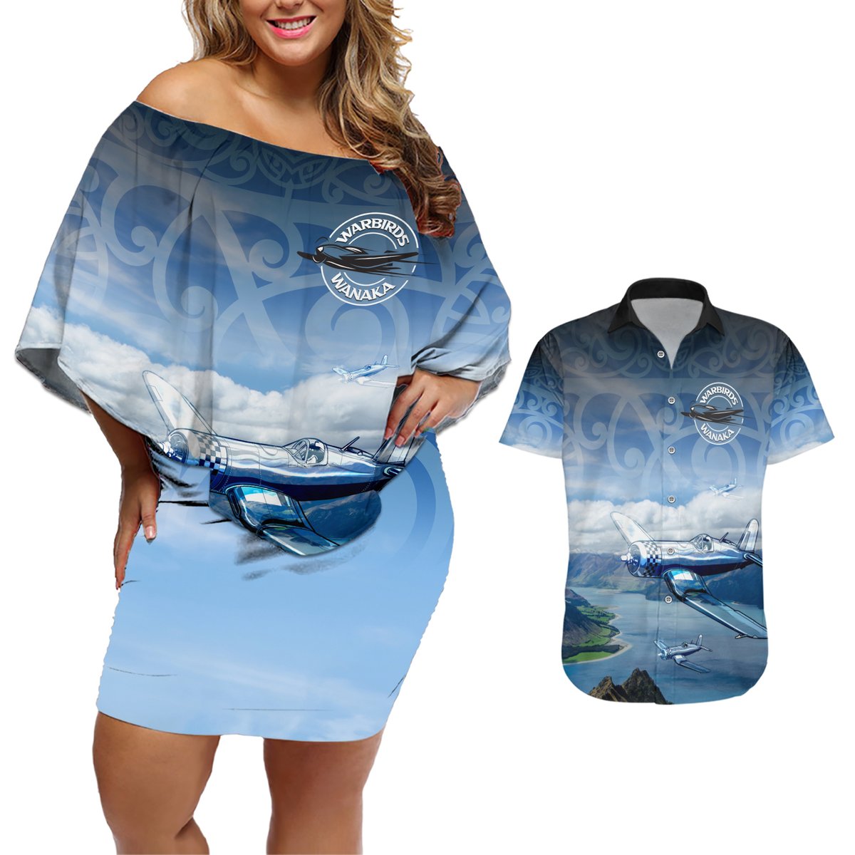 New Zealand Wanaka Air Show Couples Matching Off Shoulder Short Dress and Hawaiian Shirt With Maori Pattern