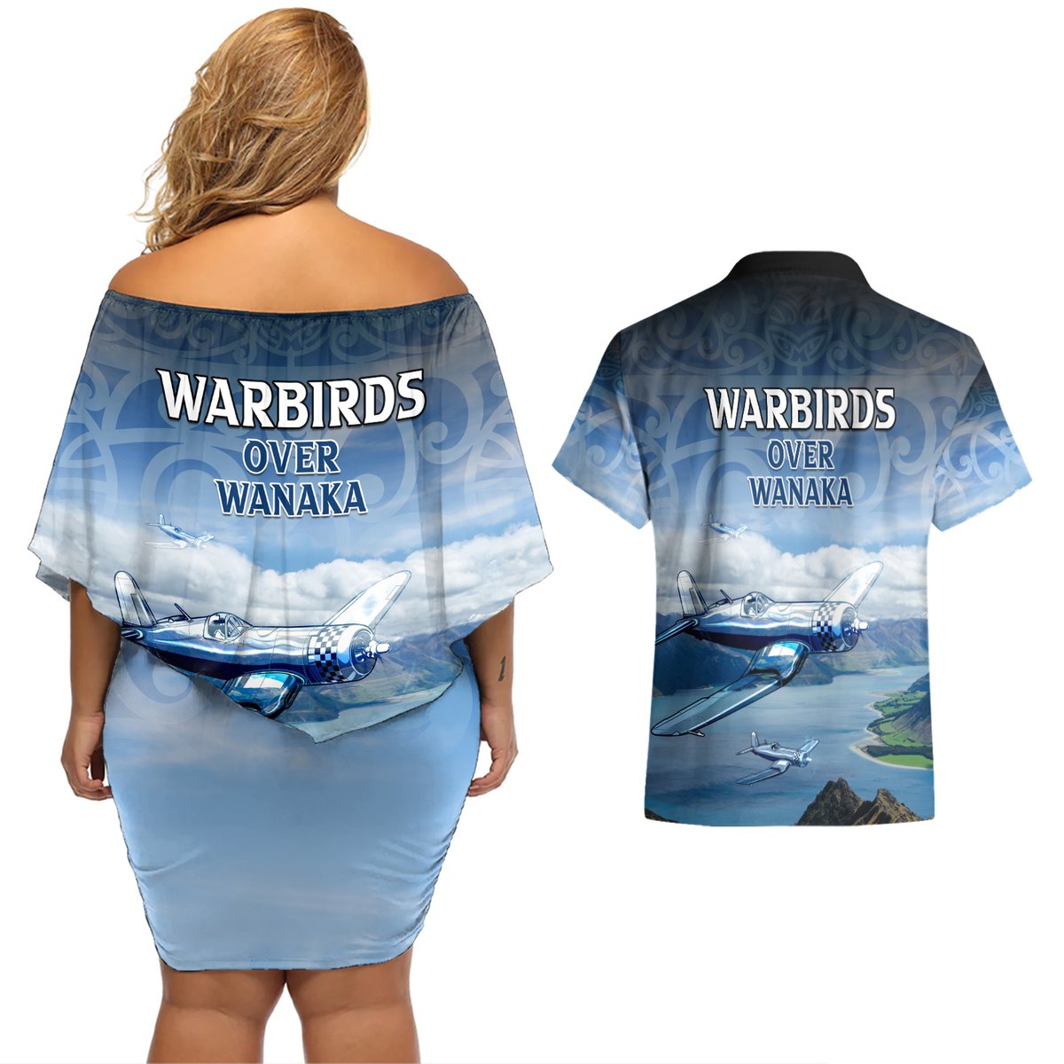 New Zealand Wanaka Air Show Couples Matching Off Shoulder Short Dress and Hawaiian Shirt With Maori Pattern