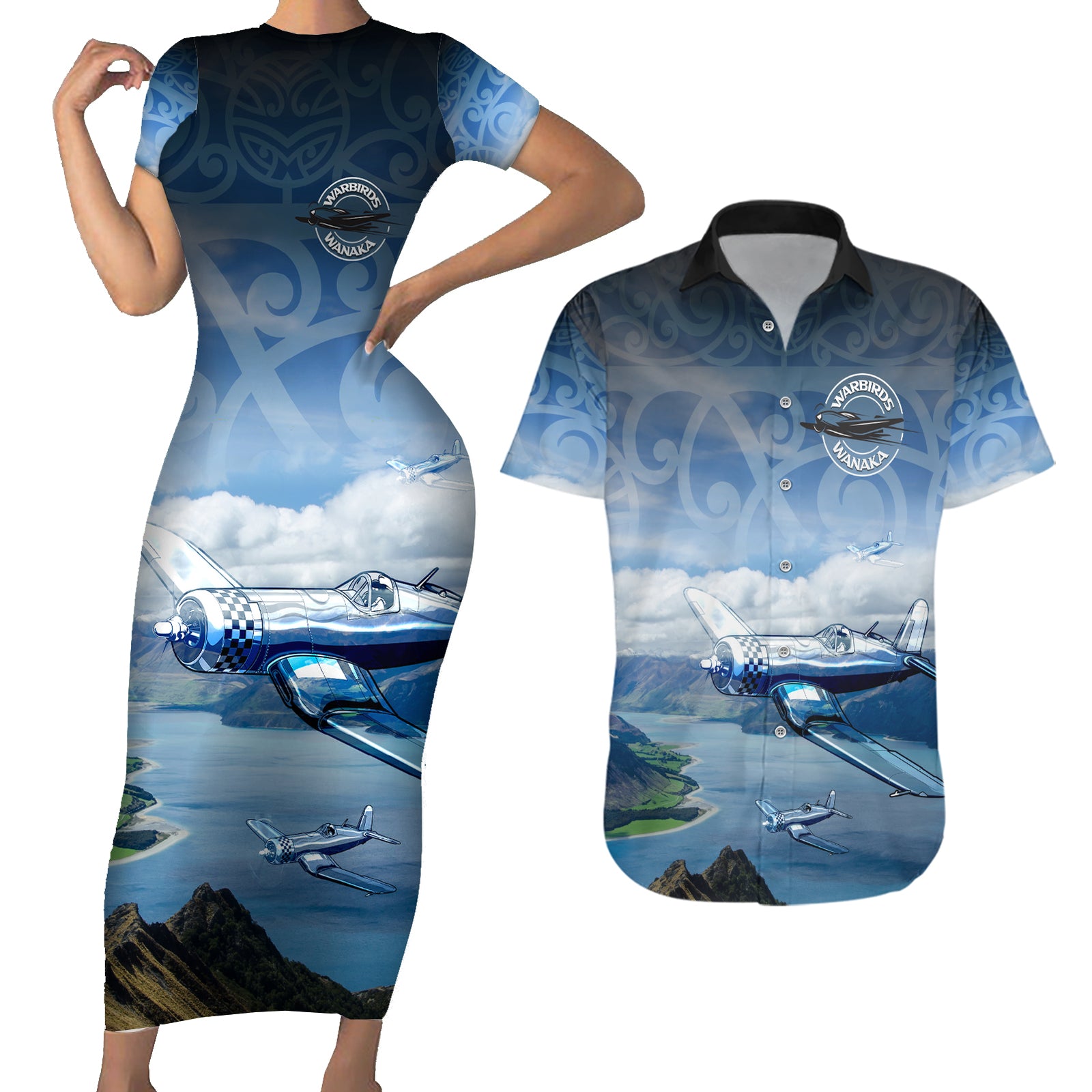 New Zealand Wanaka Air Show Couples Matching Short Sleeve Bodycon Dress and Hawaiian Shirt With Maori Pattern LT05 Blue - Polynesian Pride