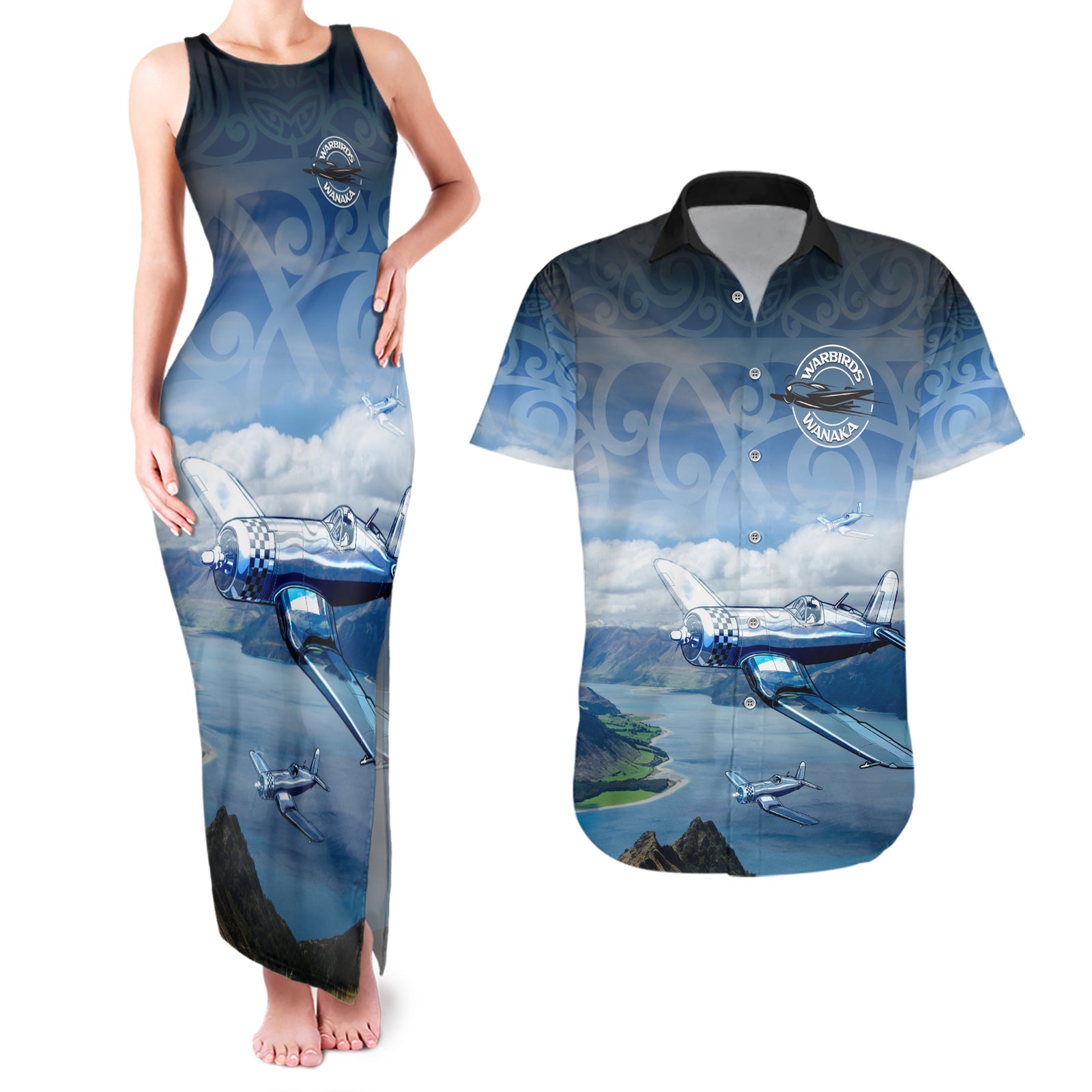 New Zealand Wanaka Air Show Couples Matching Tank Maxi Dress and Hawaiian Shirt With Maori Pattern LT05 Blue - Polynesian Pride