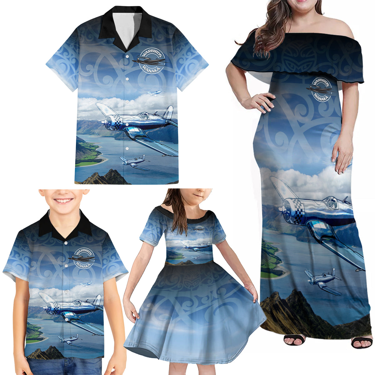 New Zealand Wanaka Air Show Family Matching Off Shoulder Maxi Dress and Hawaiian Shirt With Maori Pattern