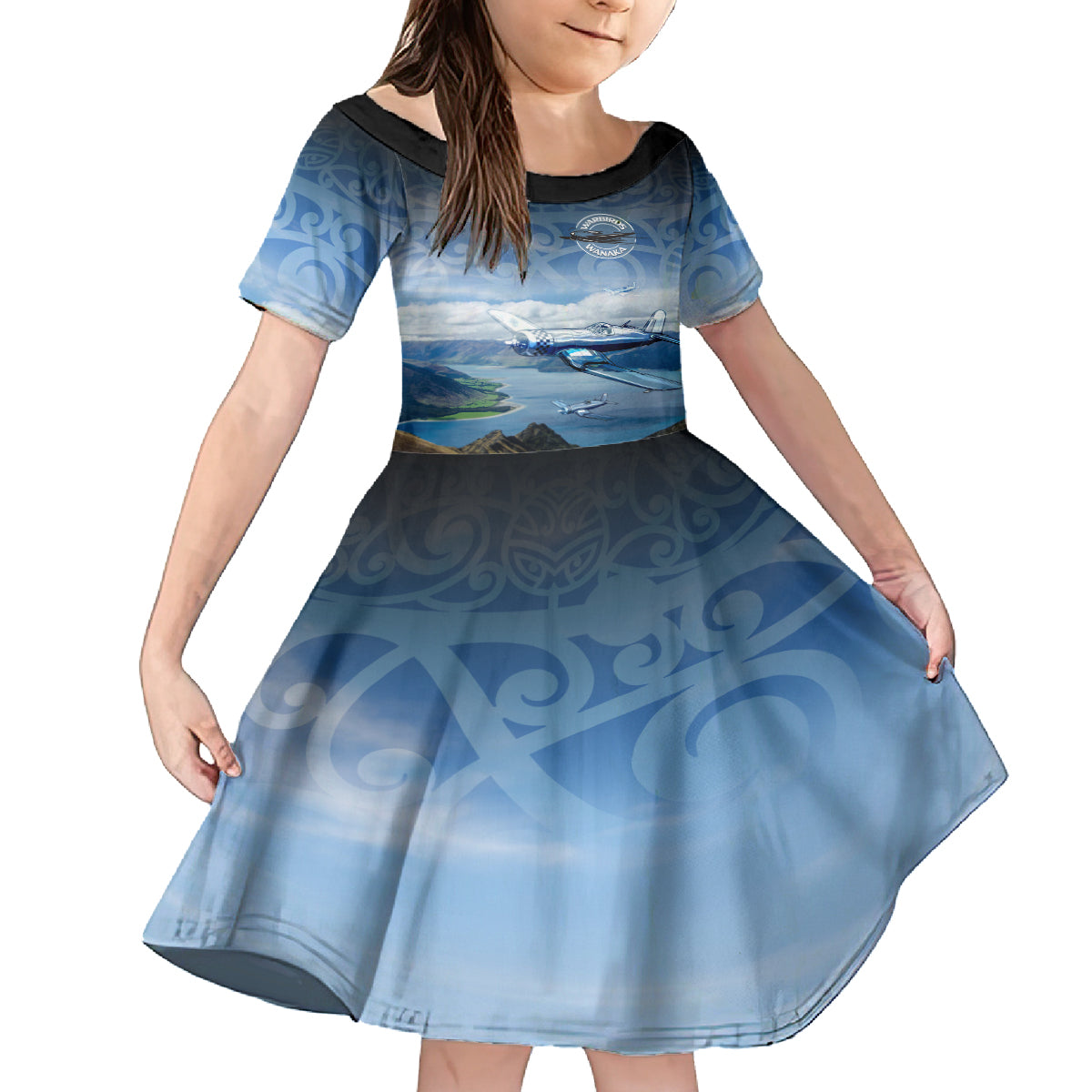 New Zealand Wanaka Air Show Family Matching Off Shoulder Short Dress and Hawaiian Shirt With Maori Pattern LT05 Daughter's Dress Blue - Polynesian Pride