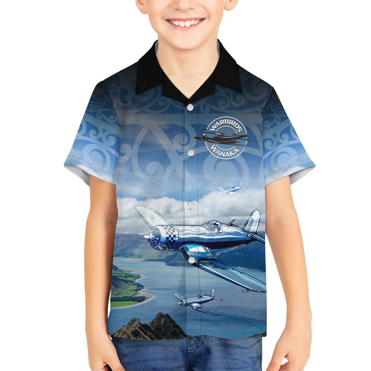 New Zealand Wanaka Air Show Family Matching Off Shoulder Short Dress and Hawaiian Shirt With Maori Pattern LT05 Son's Shirt Blue - Polynesian Pride
