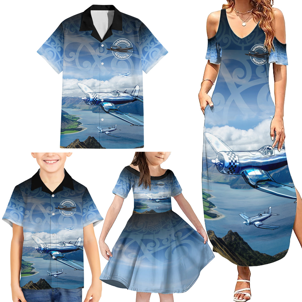 New Zealand Wanaka Air Show Family Matching Summer Maxi Dress and Hawaiian Shirt With Maori Pattern