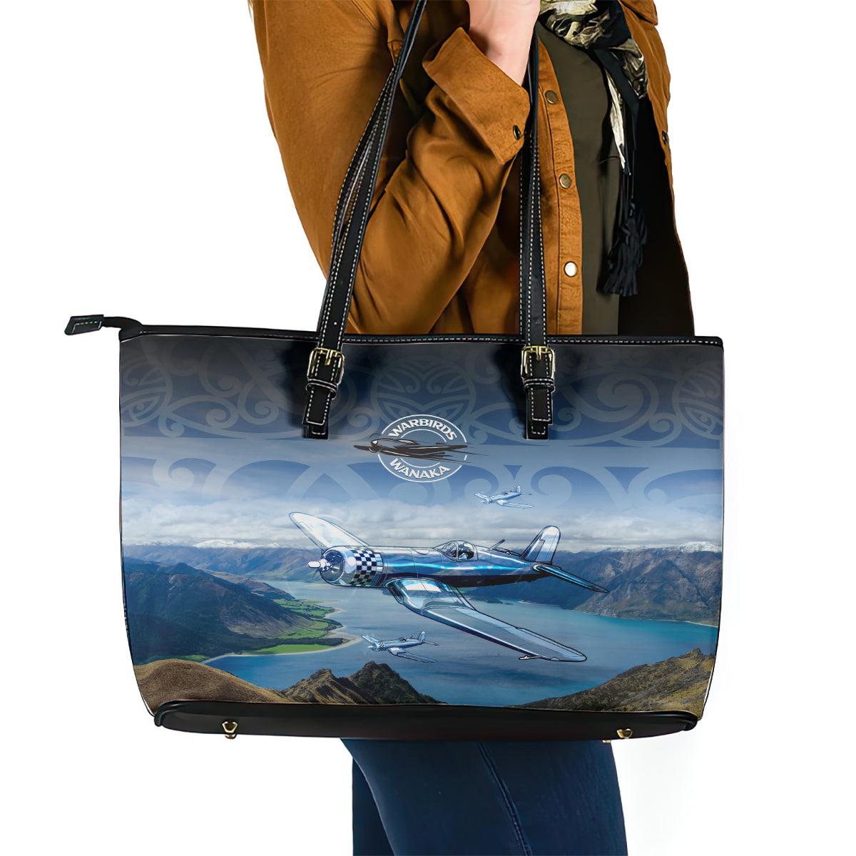 New Zealand Wanaka Air Show Leather Tote Bag With Maori Pattern LT05 - Polynesian Pride