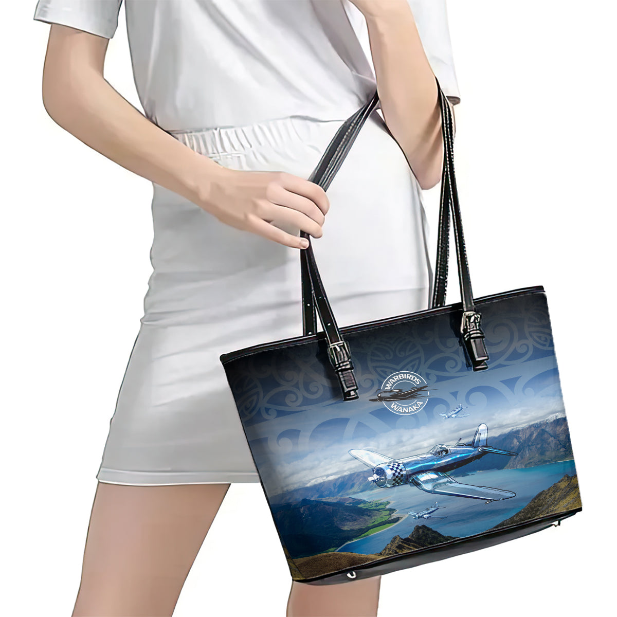 New Zealand Wanaka Air Show Leather Tote Bag With Maori Pattern LT05 - Polynesian Pride