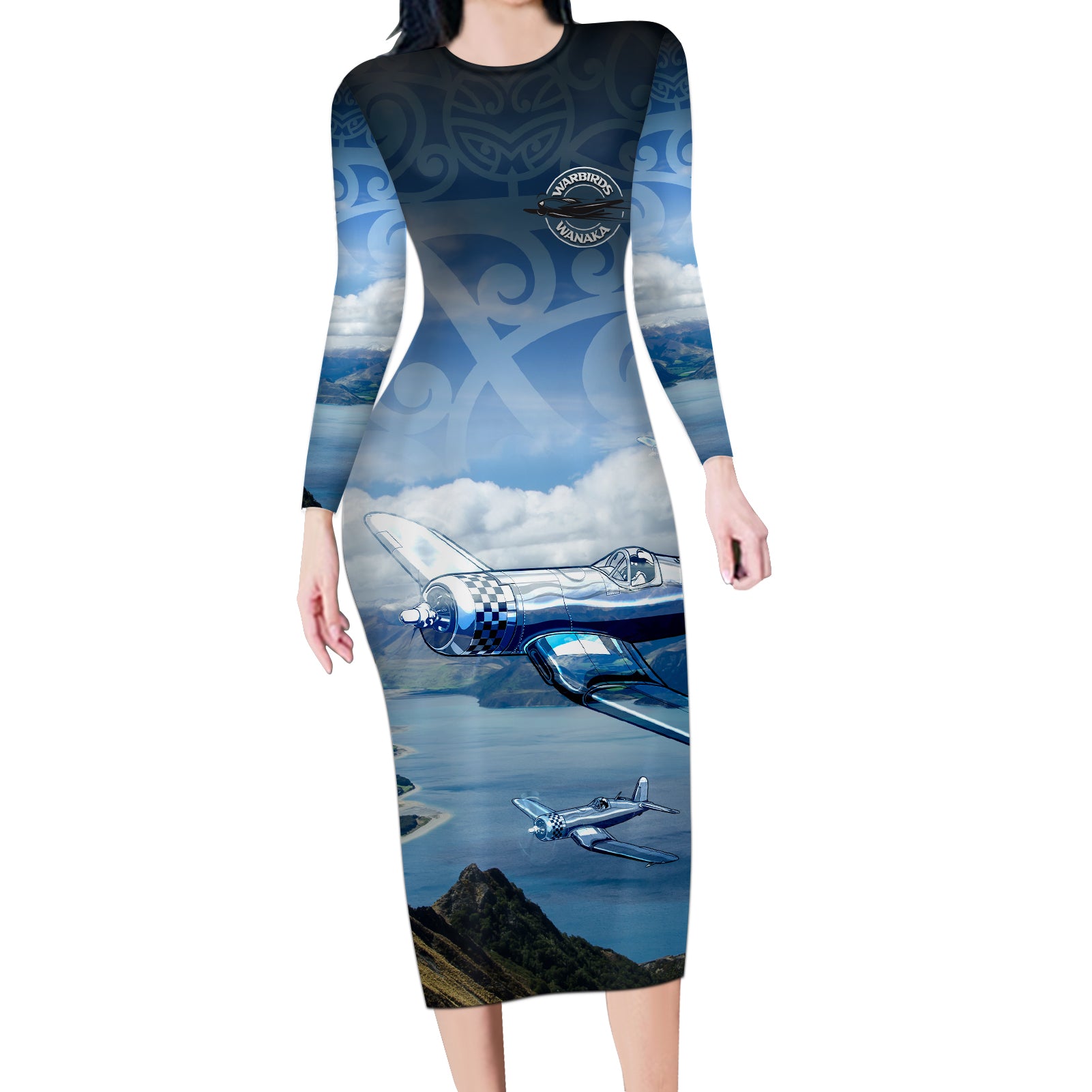 New Zealand Wanaka Air Show Long Sleeve Bodycon Dress With Maori Pattern