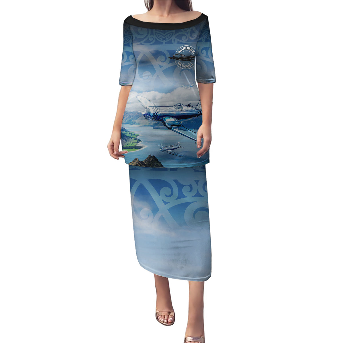 New Zealand Wanaka Air Show Puletasi With Maori Pattern LT05 Long Dress Blue - Polynesian Pride