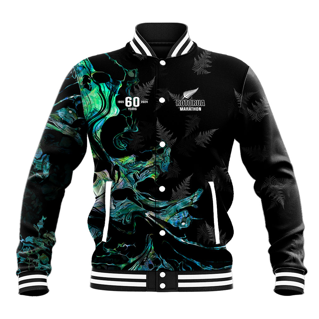 New Zealand Marathon Baseball Jacket Silver Fern Paua Shell Simple Style LT05 Unisex Black - Polynesian Pride