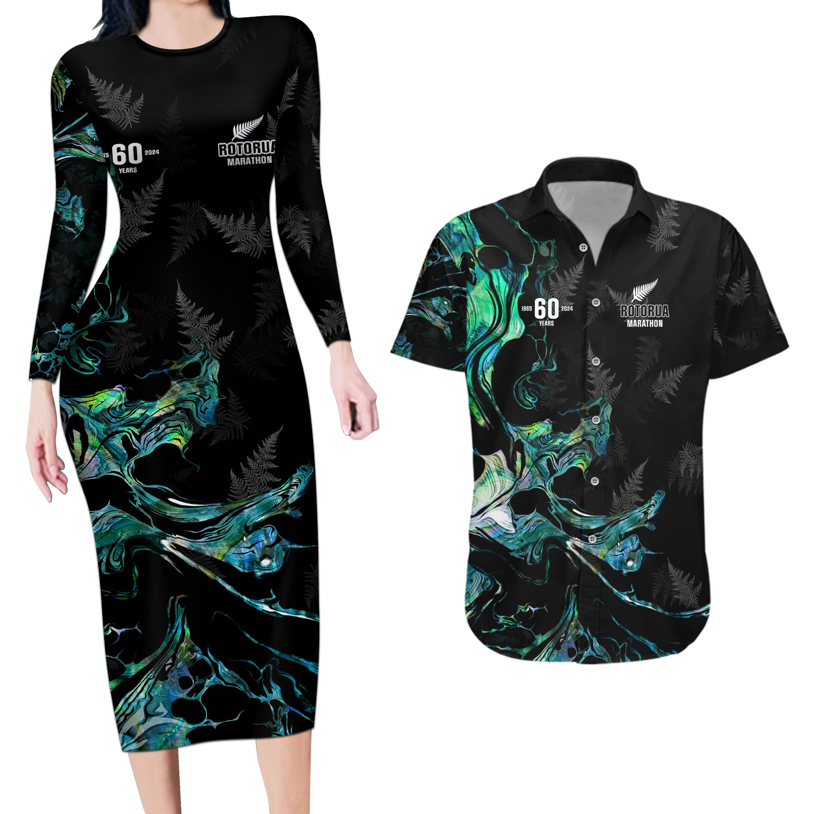 New Zealand Marathon Couples Matching Long Sleeve Bodycon Dress and Hawaiian Shirt Silver Fern Paua Shell Simple Style