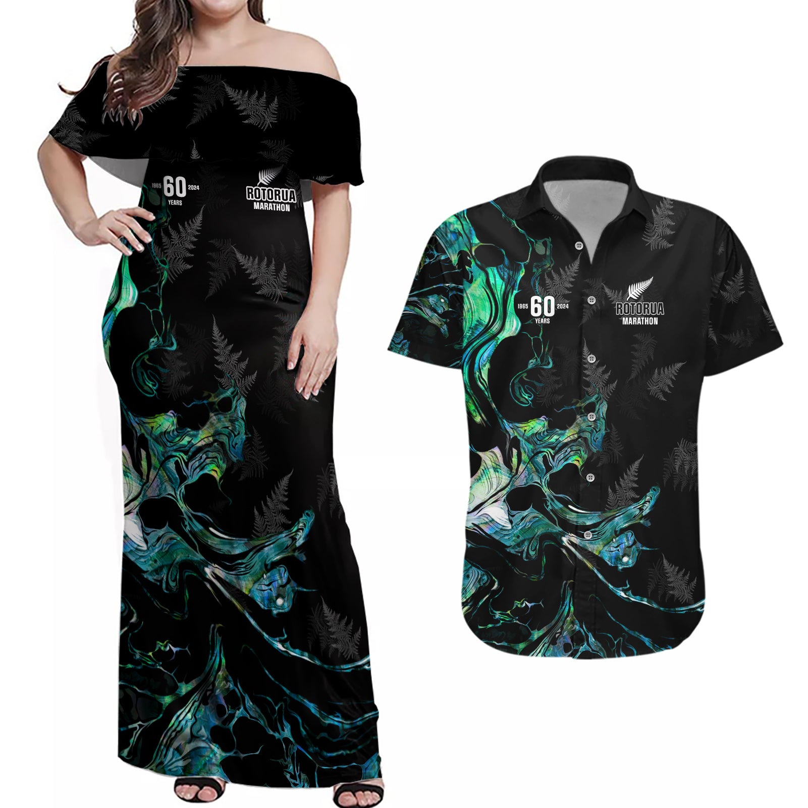 New Zealand Marathon Couples Matching Off Shoulder Maxi Dress and Hawaiian Shirt Silver Fern Paua Shell Simple Style