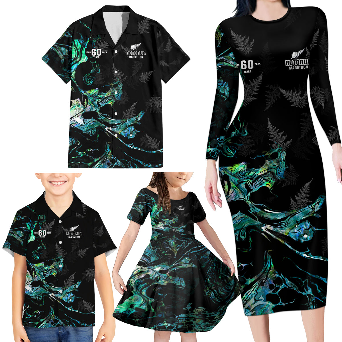 New Zealand Marathon Family Matching Long Sleeve Bodycon Dress and Hawaiian Shirt Silver Fern Paua Shell Simple Style