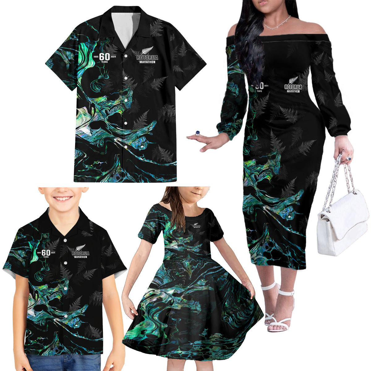 New Zealand Marathon Family Matching Off The Shoulder Long Sleeve Dress and Hawaiian Shirt Silver Fern Paua Shell Simple Style