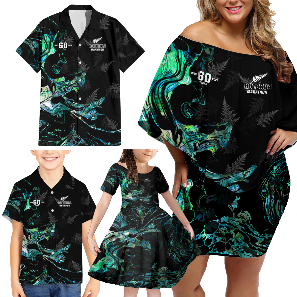 New Zealand Marathon Family Matching Off Shoulder Short Dress and Hawaiian Shirt Silver Fern Paua Shell Simple Style