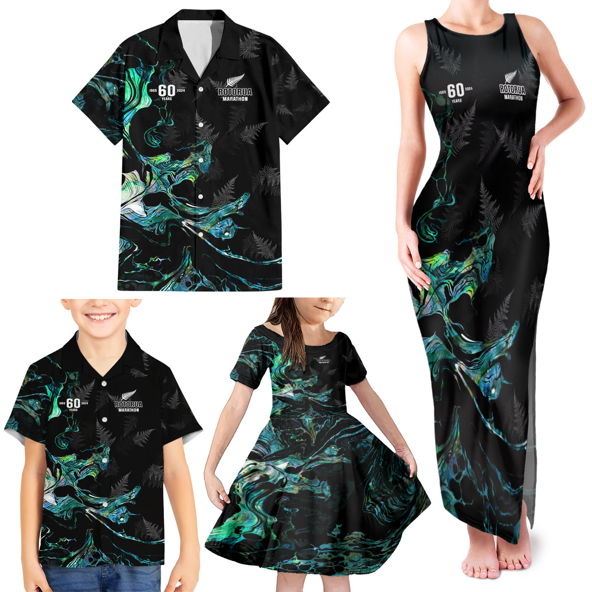 New Zealand Marathon Family Matching Tank Maxi Dress and Hawaiian Shirt Silver Fern Paua Shell Simple Style