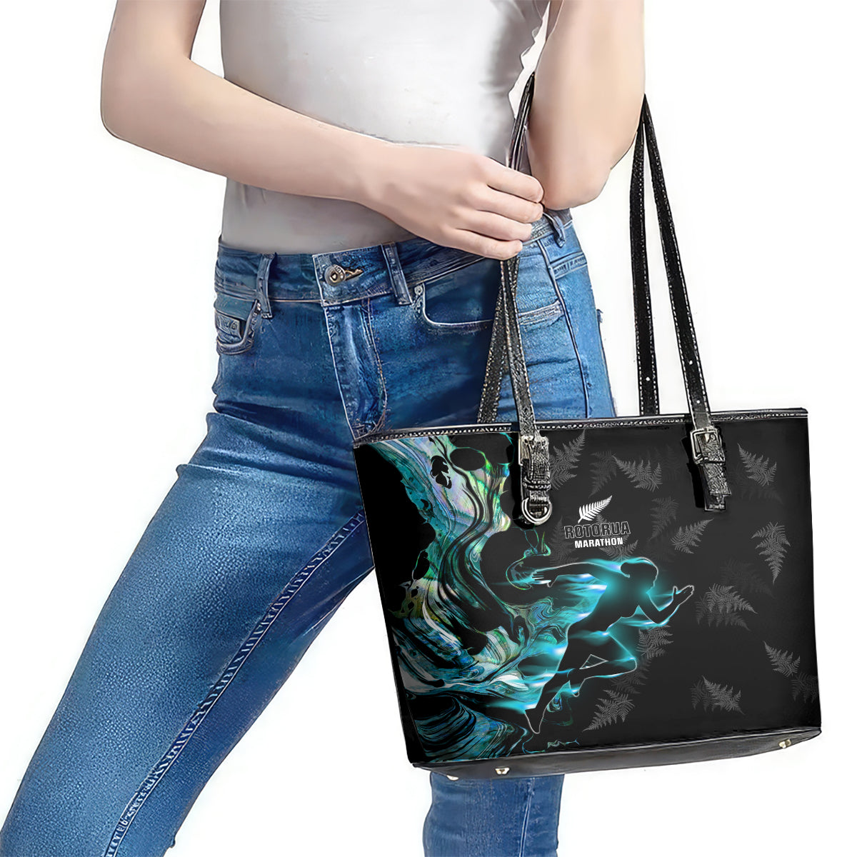 New Zealand Marathon Leather Tote Bag Silver Fern Paua Shell Simple Style LT05 - Polynesian Pride