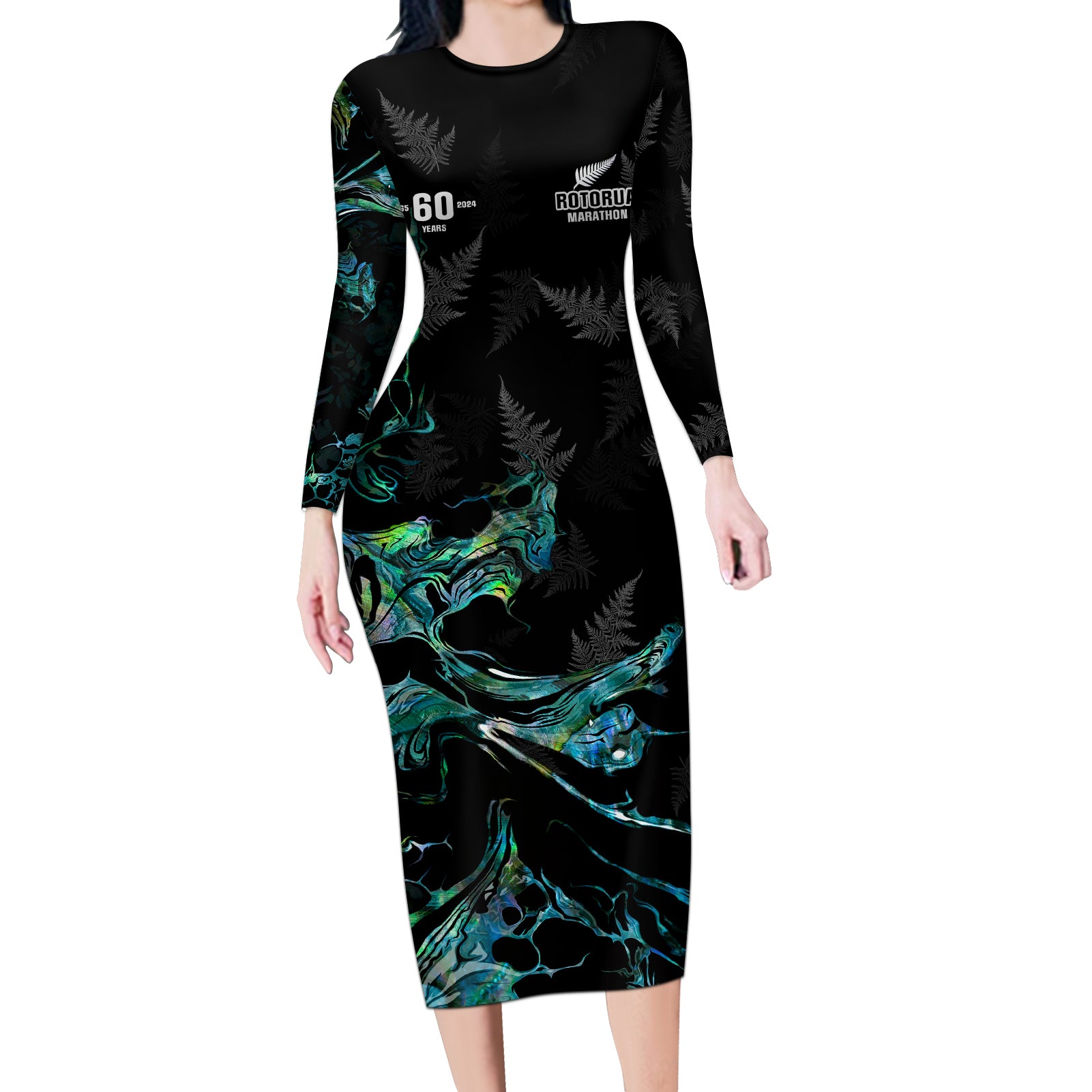 New Zealand Marathon Long Sleeve Bodycon Dress Silver Fern Paua Shell Simple Style