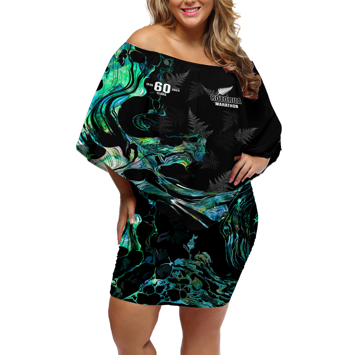 New Zealand Marathon Off Shoulder Short Dress Silver Fern Paua Shell Simple Style