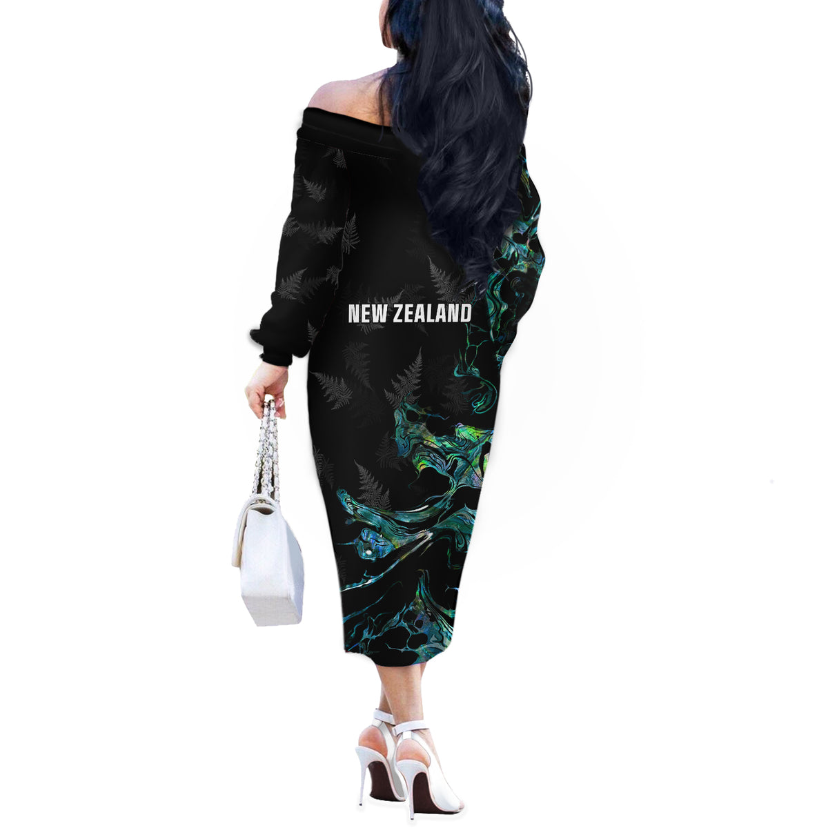 New Zealand Marathon Off The Shoulder Long Sleeve Dress Silver Fern Paua Shell Simple Style