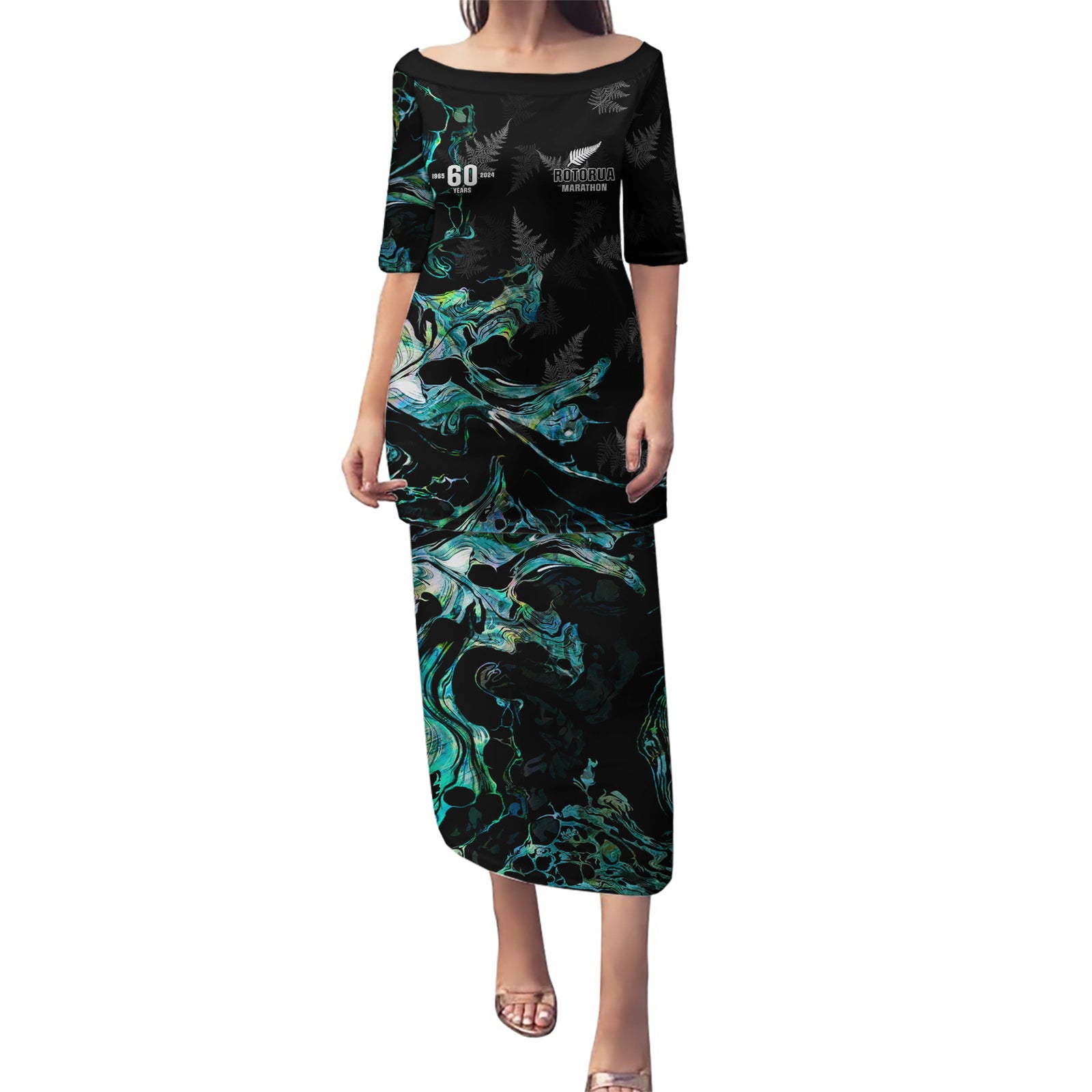 New Zealand Marathon Puletasi Silver Fern Paua Shell Simple Style LT05 Long Dress Black - Polynesian Pride