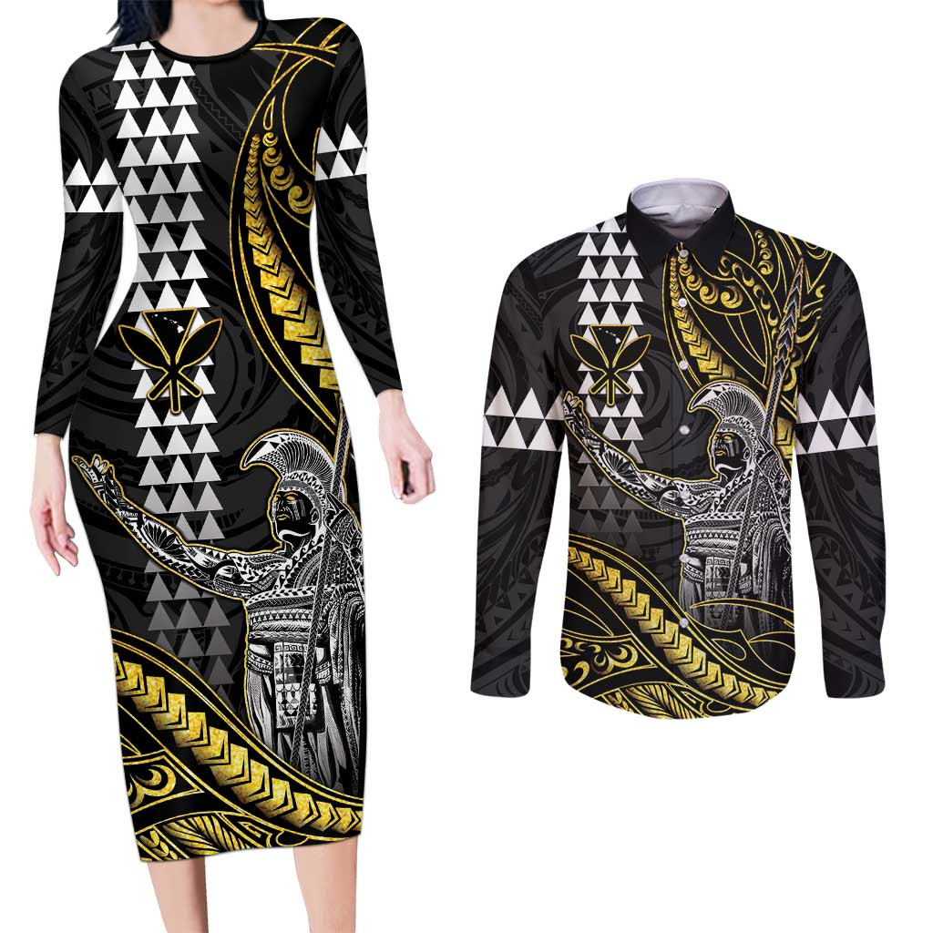 Hawaii King Kamehameha The Great Couples Matching Long Sleeve Bodycon Dress and Long Sleeve Button Shirt Gold Tribal Tattoo