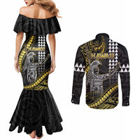 Hawaii King Kamehameha The Great Couples Matching Mermaid Dress and Long Sleeve Button Shirt Gold Tribal Tattoo
