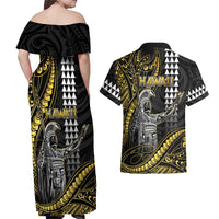 Hawaii King Kamehameha The Great Couples Matching Off Shoulder Maxi Dress and Hawaiian Shirt Gold Tribal Tattoo
