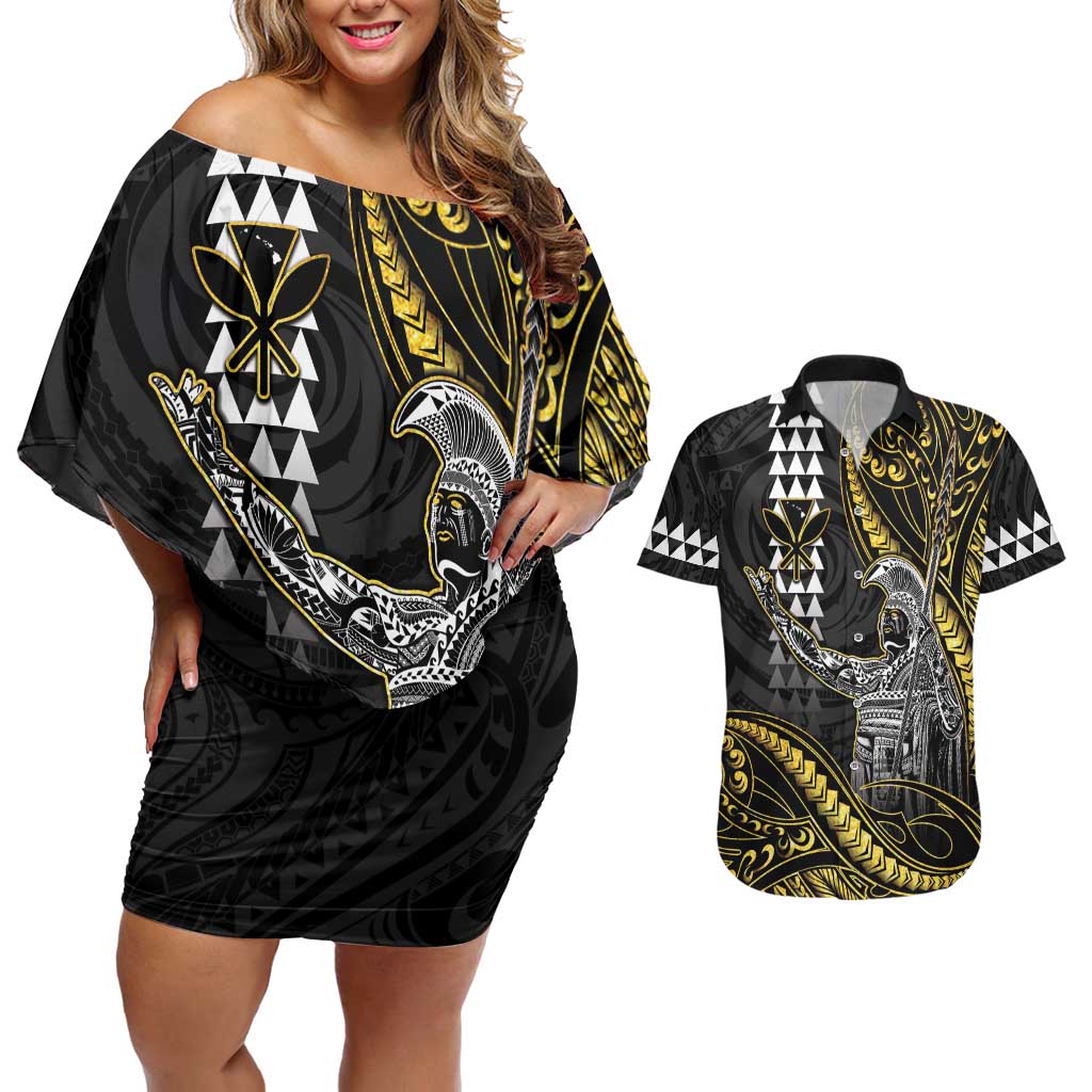 Hawaii King Kamehameha The Great Couples Matching Off Shoulder Short Dress and Hawaiian Shirt Gold Tribal Tattoo