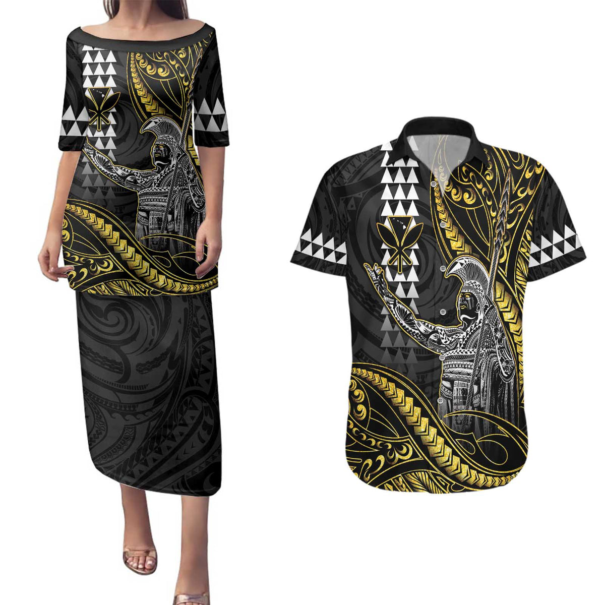 Hawaii King Kamehameha The Great Couples Matching Puletasi and Hawaiian Shirt Gold Tribal Tattoo
