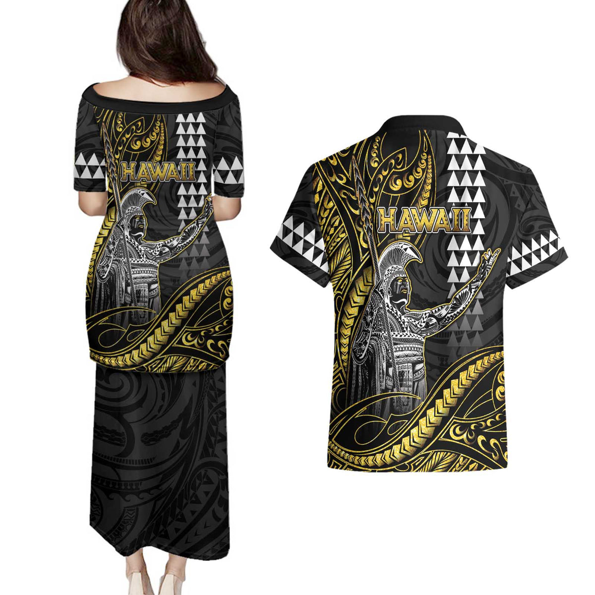 Hawaii King Kamehameha The Great Couples Matching Puletasi and Hawaiian Shirt Gold Tribal Tattoo