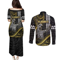 Hawaii King Kamehameha The Great Couples Matching Puletasi and Long Sleeve Button Shirt Gold Tribal Tattoo