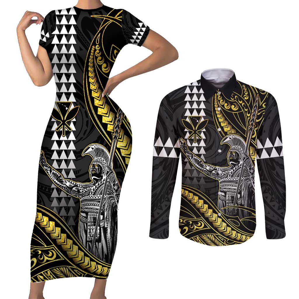 Hawaii King Kamehameha The Great Couples Matching Short Sleeve Bodycon Dress and Long Sleeve Button Shirt Gold Tribal Tattoo