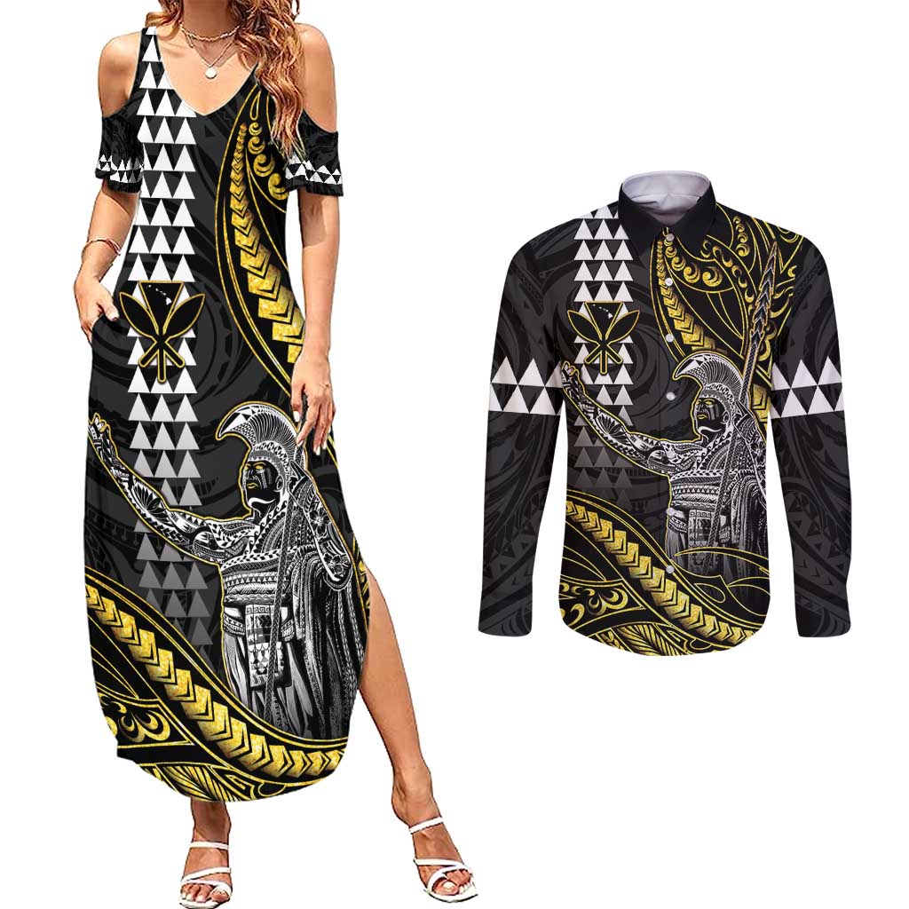 Hawaii King Kamehameha The Great Couples Matching Summer Maxi Dress and Long Sleeve Button Shirt Gold Tribal Tattoo