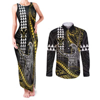 Hawaii King Kamehameha The Great Couples Matching Tank Maxi Dress and Long Sleeve Button Shirt Gold Tribal Tattoo