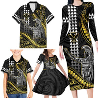 Hawaii King Kamehameha The Great Family Matching Long Sleeve Bodycon Dress and Hawaiian Shirt Gold Tribal Tattoo