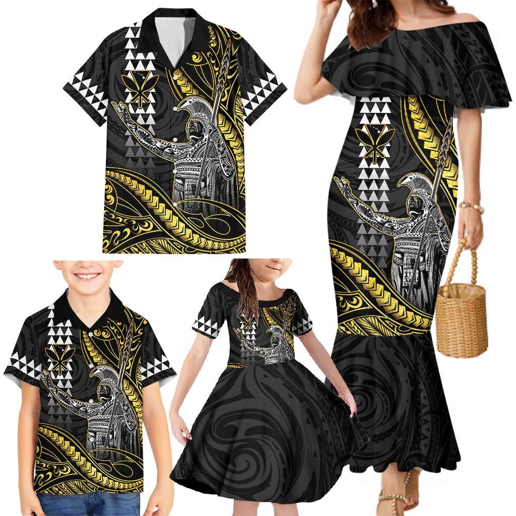 Hawaii King Kamehameha The Great Family Matching Mermaid Dress and Hawaiian Shirt Gold Tribal Tattoo