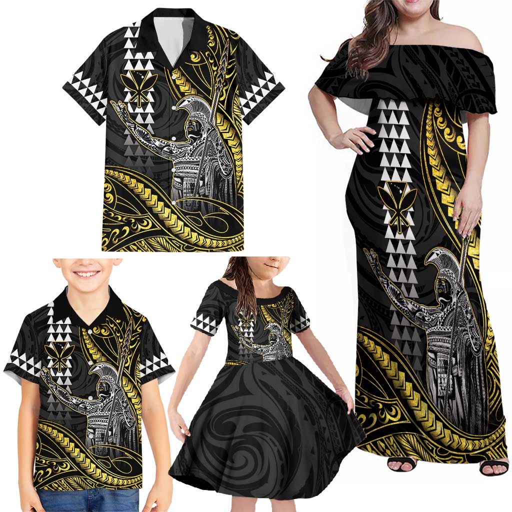 Hawaii King Kamehameha The Great Family Matching Off Shoulder Maxi Dress and Hawaiian Shirt Gold Tribal Tattoo