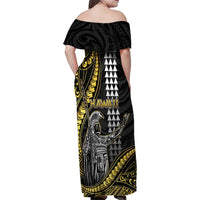 Hawaii King Kamehameha The Great Family Matching Off Shoulder Maxi Dress and Hawaiian Shirt Gold Tribal Tattoo