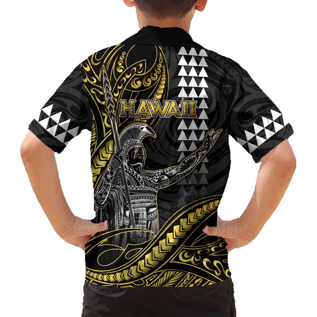 Hawaii King Kamehameha The Great Family Matching Off Shoulder Short Dress and Hawaiian Shirt Gold Tribal Tattoo