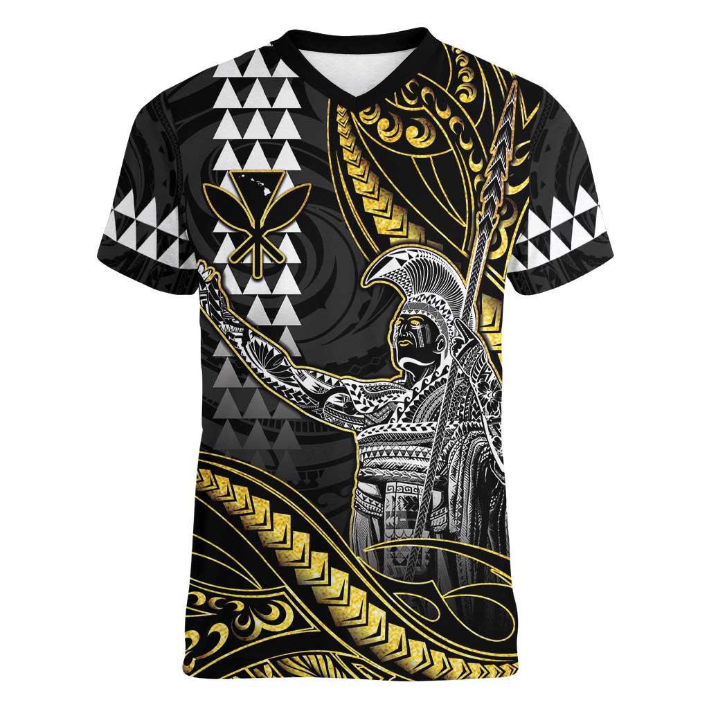 Hawaii King Kamehameha The Great Women V-Neck T-Shirt Gold Tribal Tattoo