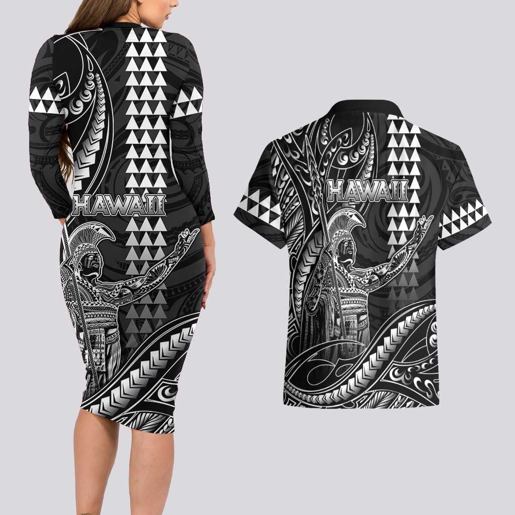 Hawaii King Kamehameha The Great Couples Matching Long Sleeve Bodycon Dress and Hawaiian Shirt Black Tribal Tattoo