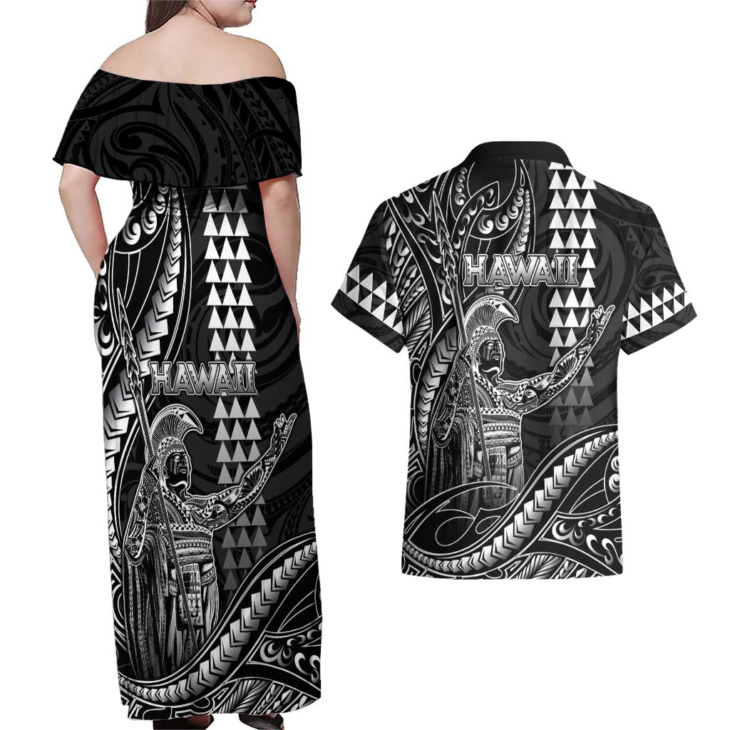 Hawaii King Kamehameha The Great Couples Matching Off Shoulder Maxi Dress and Hawaiian Shirt Black Tribal Tattoo